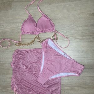 Pink Shimmer Bikini Set with Skirt